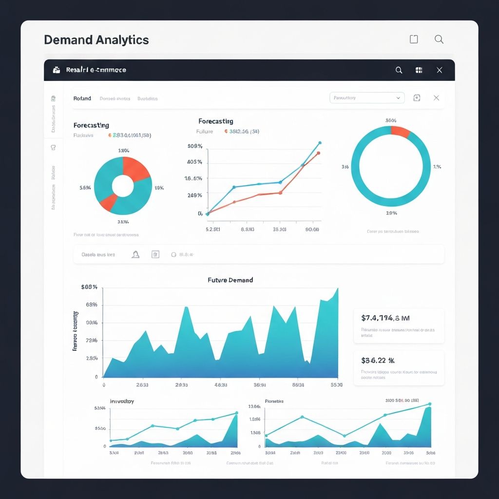 Visualización de datos analíticos de demanda en tiempo real mostrando gráficos de tendencias de ventas, pronósticos predictivos y dashboards interactivos para retail y e-commerce